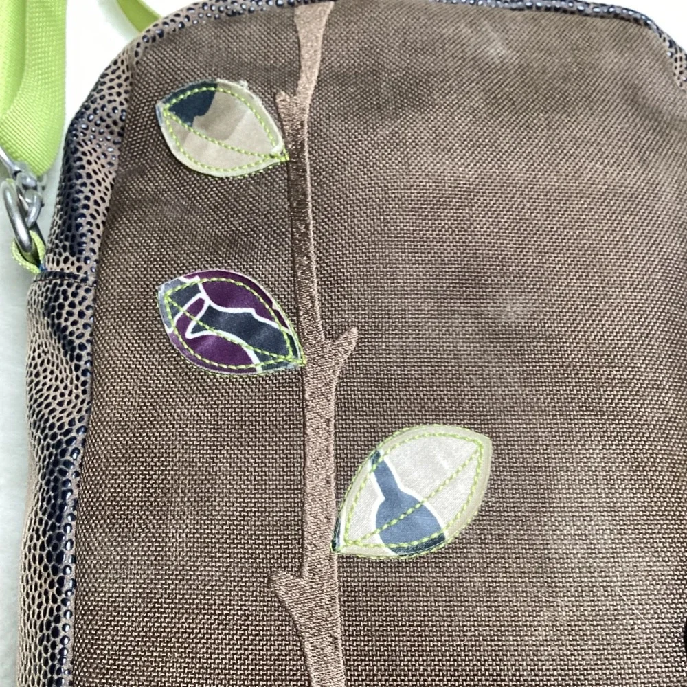 Haiku by Sharon Eisenhauer Brown Canvas Leaf Embroidered Crossbody Bag Messenger